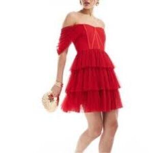 Off-the-Shoulder Red Tulle Corset Mini - ASOS